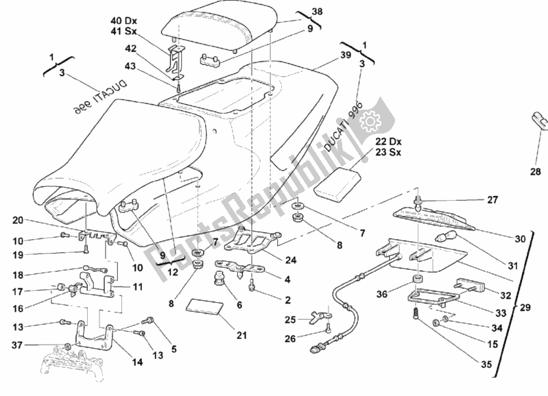Alle onderdelen voor de Stoel Biposto van de Ducati Superbike 996 USA 1999